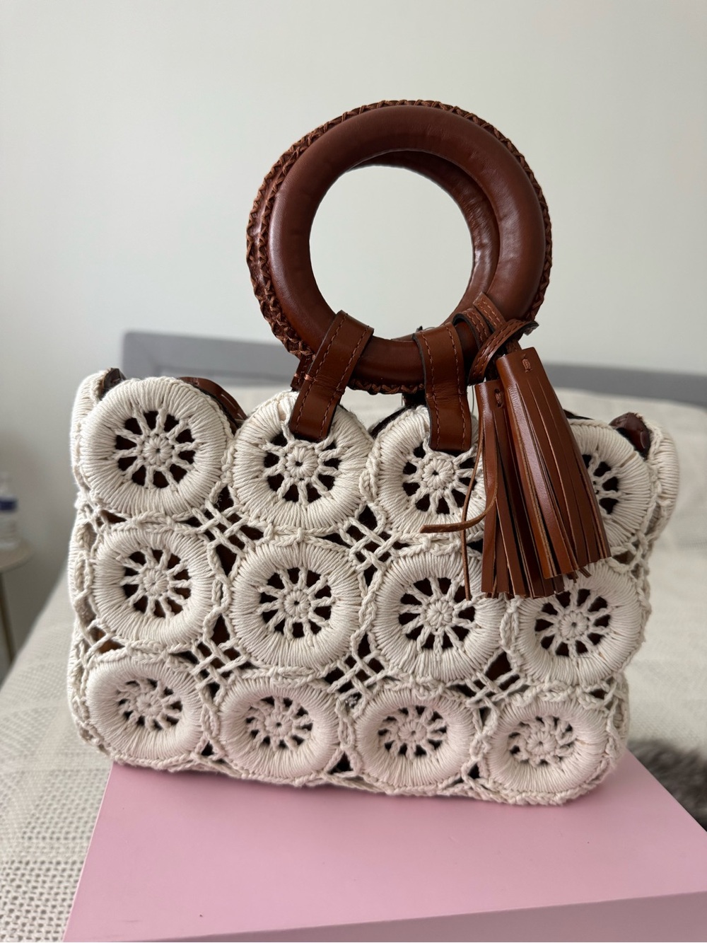 Patricia Nash Cream Crochet Mini Tote with Brown Leather Handles